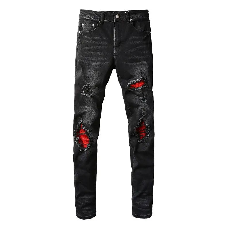 Men's Black Embroidered Ripped Slim Fit Hip Hop Jeans